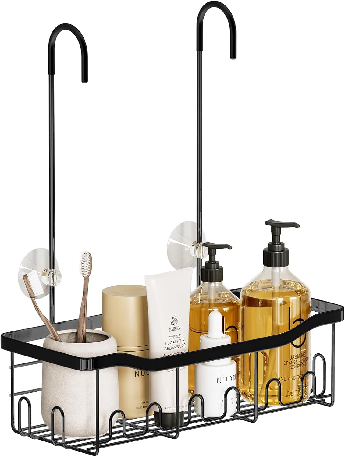 BYT Shower Caddy Hanging, Organizer Hanging for Bathroom, Shower Basket with Hooks, Shower Storage, Shelf, Rack No Drilling for Faucet or Cross Bar (Black)