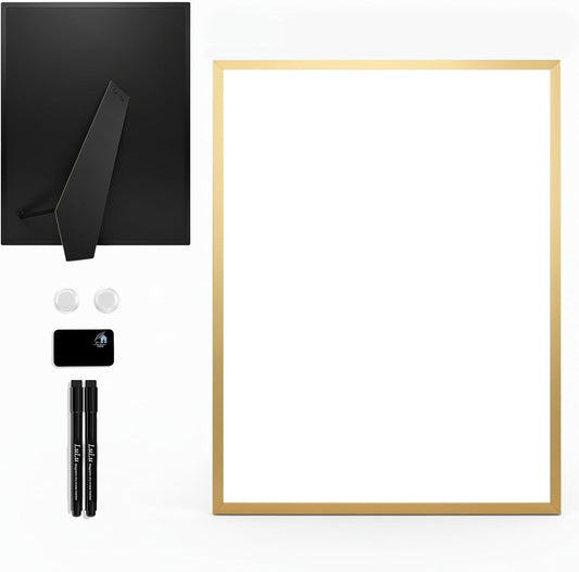 Small Whiteboard 12 x 16 Inch Magnetic Dry Erase Board with Stand & Wall Mount | Gold Aluminum Frame | Desktop Board for Home, Office, Reception, Events | 2 Markers, Eraser & 2 Magnets