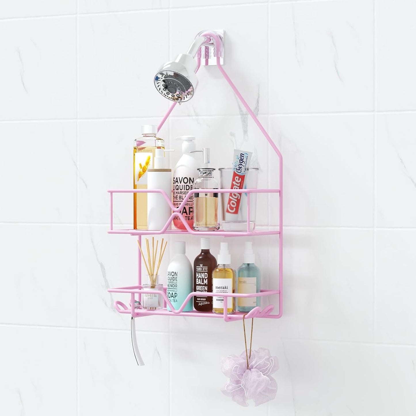 TreeLen Pink Shower Caddy Over Shower Head, Pink Bathroom Accessories, Gift for Girlfriend, Wife, Little Girl