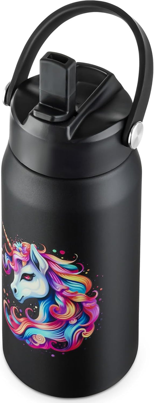 OLDLEY kids Water Bottle - 18oz Insulated Stainless Steel - Wide Straw Lid, Non Spill, Leakproof, Kids Water Bottle for School,Black Unicorn