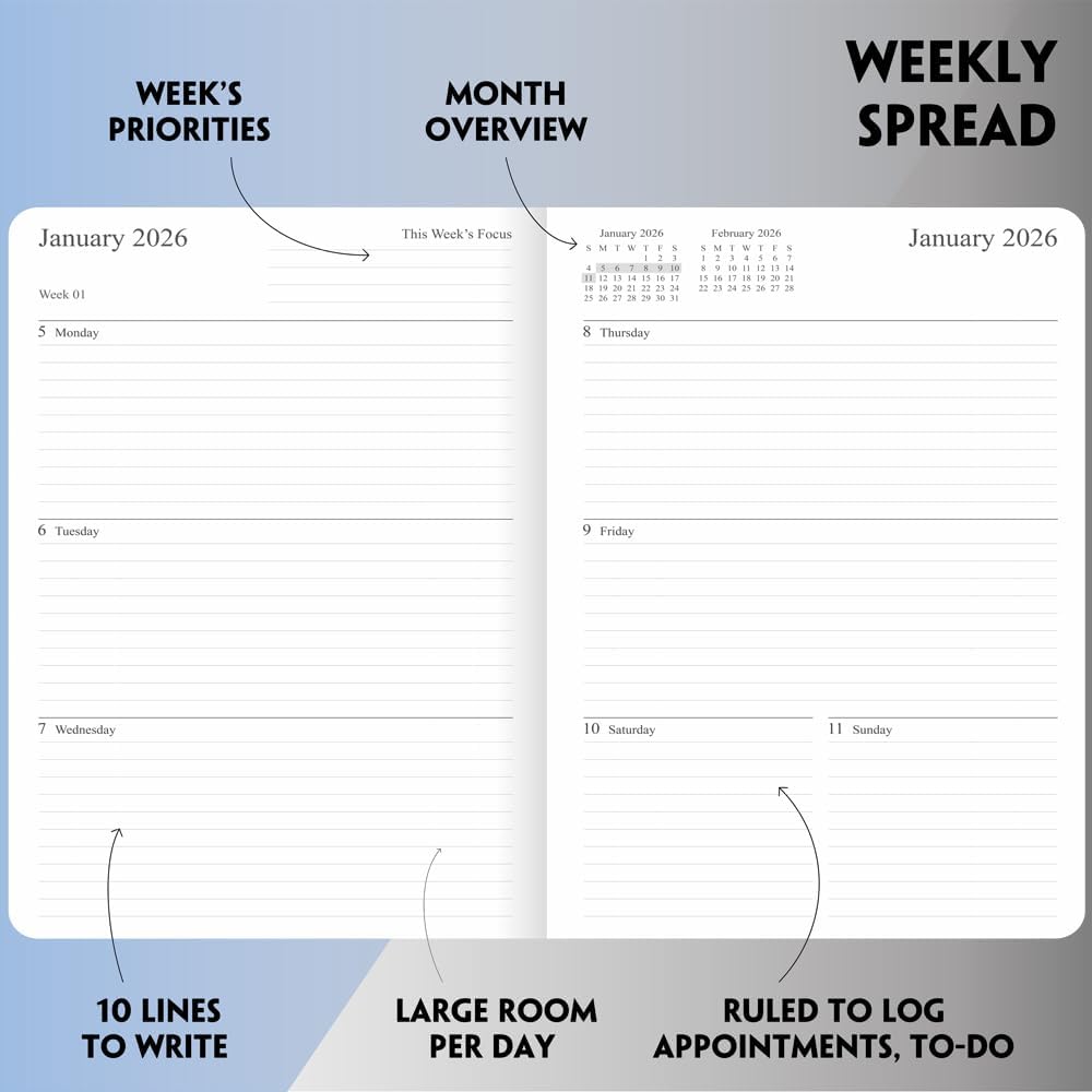 2025-2026 Planner - Weekly and Monthly Planner, Oct 2025 - Dec 2026, Vegan Leather Cover, Elastic Closure, 8.5"x11", Grey