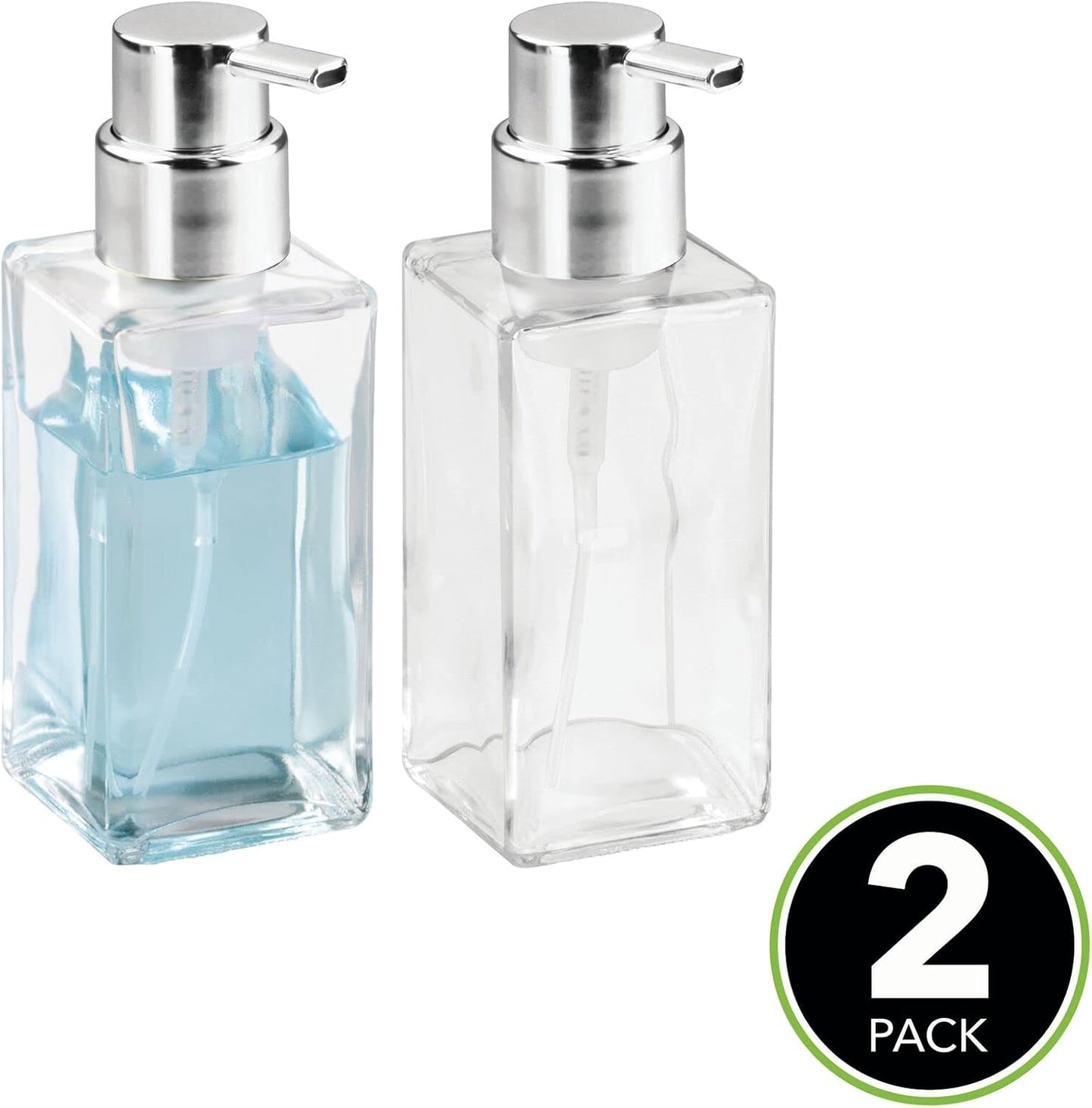 mDesign Glass Refillable Foaming Hand Soap Dispenser Modern Square Pump Bottle for Bathroom Vanities or Kitchen Sink, Countertops - 2 Pack - Clear/Chrome