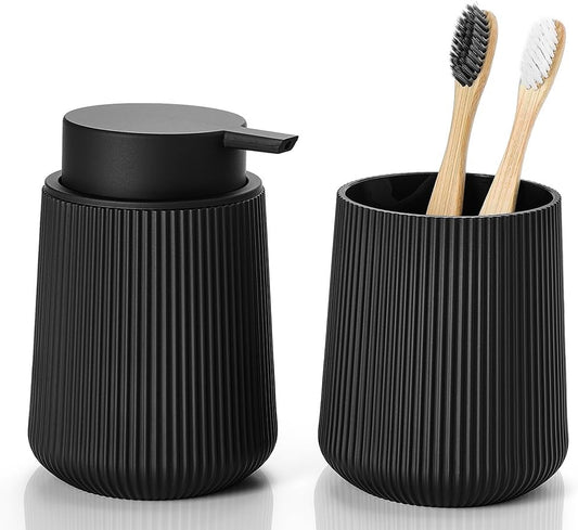 Bathroom Accessories 2 Piece Soap Dispenser and Toothbrush Holder Set Black Striped Round