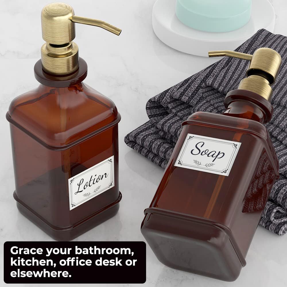 GLADPURE Soap Dispenser 2 Pack, Hand Soap Dispensers with 18 Oz Antique Design Thick Amber Glass Bottle, 316 Rust Proof Stainless Steel Pump, 6Pcs Stickers, for Lotion, Soap - Brushed Gold