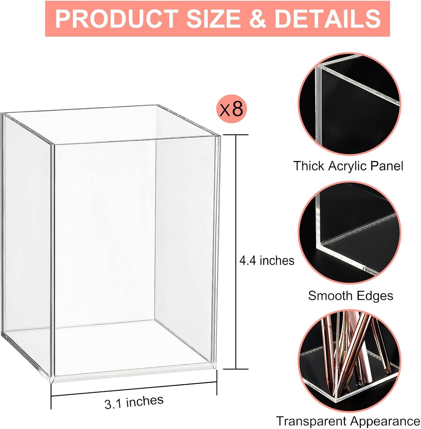8 Pieces Clear Acrylic Pen Holder Acrylic Pencil Cup Clear Makeup Bush Holder Acrylic Desktop Stationery Organizer for Office School Home Desk Accessories (8 Pack, Square)