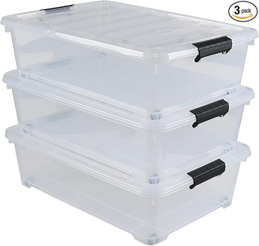 Hespama 3 Pack Plastic Storage Boxes with Lids, 20 Quart Rolling Plastic Bins for Under the Bed