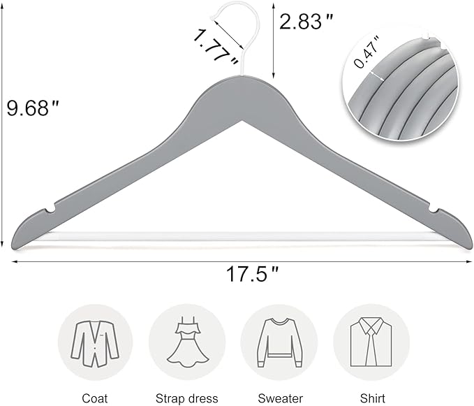 TOPIA HANGER Premium Wooden Hangers with Non-slip Pant Bar, 360°Swivel Hook and Shoulder Notches, 16 Pack Solid Wood Clothes Hangers for Suit, Coat, Jacket, Camisole(Grey/White)-CT35GW6