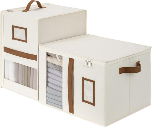 StorageWorks 2-Pack Bed Sheet Organizers and Storage, Foldable Bedsheet Holder for Linen Closet, Bedding Container with Handle, Beige, 15" D x 12¾"W x 10" H