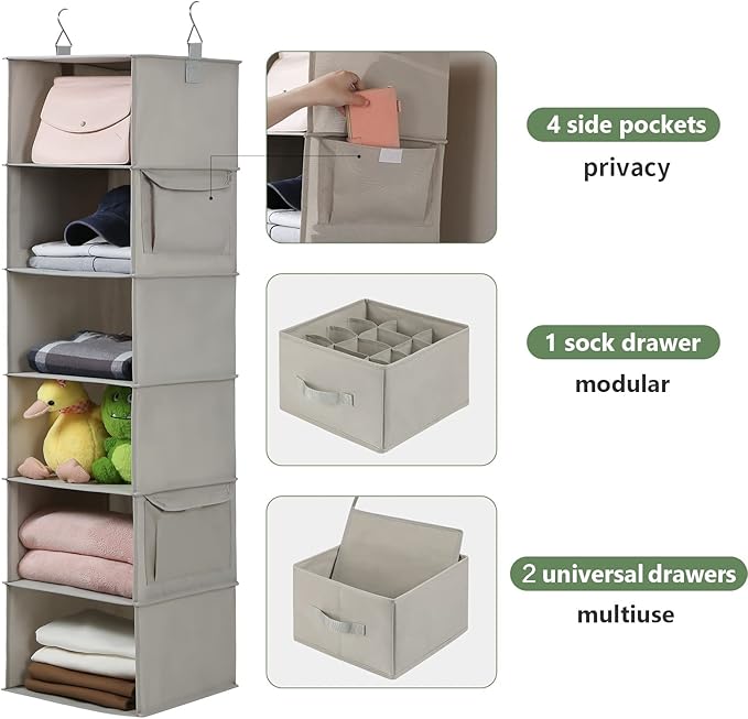 Vailando 6-Shelf Hanging Closet Organizer, Hanging Shelves for Closet with 2 Large Drawer&1 Drawer w/Compartment, 12'' x 12'' x 48.8'', Baby Organizer for Nursery…