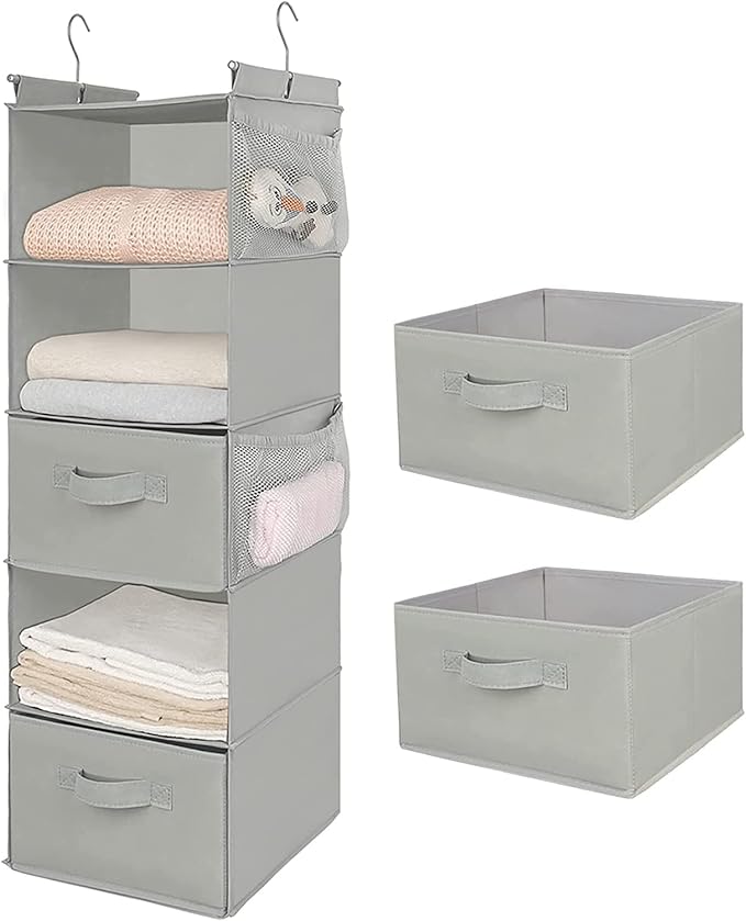 MAX Houser 5 Tier Shelf Hanging Closet Organizer, Cloth Hanging Shelf with 2 Sturdy Hooks for Storage, Foldable (Light Grey-D2)