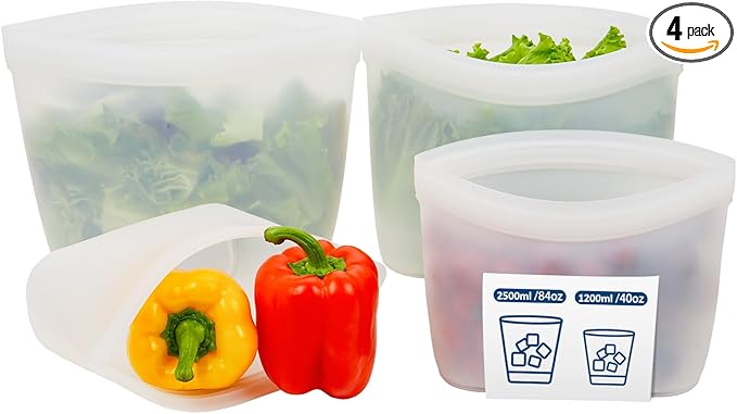 Silicone Bags for Food Storage, Reusable Food Storage Containers Zip Lock Silicone Bags Stand Up Snack Bags, Freezer Microwave Oven Dishwasher Safe,Plastice BPA-Free 4 Pack 2 Size(84oz & 40oz)
