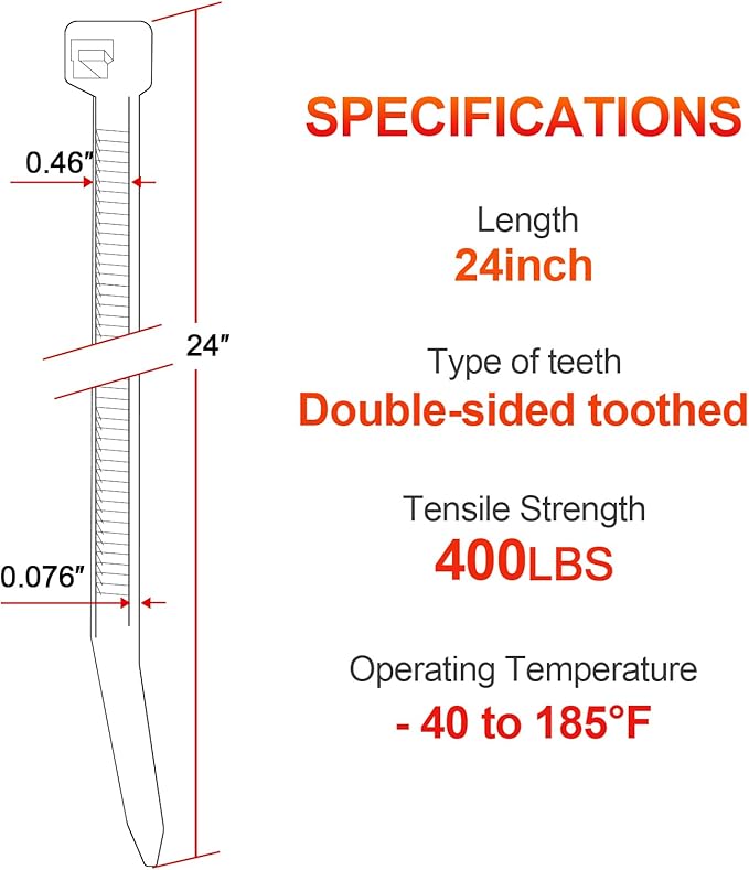 Long Zip Ties Heavy Duty 24 inch，400 LBS Tensile Strength With Double Sided Toothed Super Durable Cable Ties ，Extra Large Wire Ties Adjustable Nylon Tie Wraps for Indoor Outdoor （100 Pack Black）