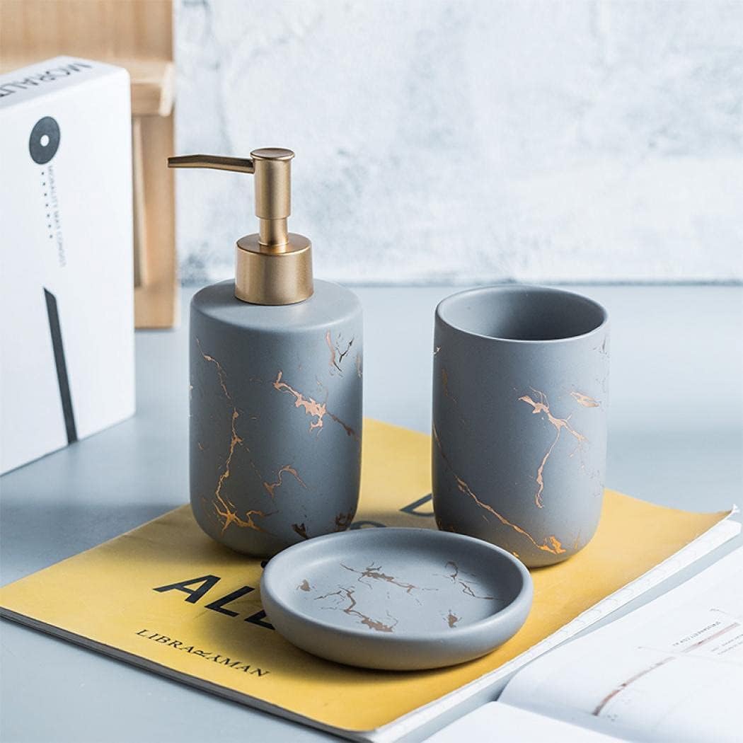 Ceramics Creative Golden Black Marble Pattern Marble Bathroom Accessories Set,3 Pieces Include Soap Dispenser, Tumblers,Soap Dish,4 Pieces Set Bathroom Accessories (Gray（Three Piece）)