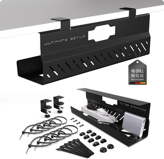 Under Desk Cable Management Tray no Drill – Wire Management - Cord Organizer – Huge Load Capacity – Under Desk Cable Tray no Drill (Black, 1 Piece Set)