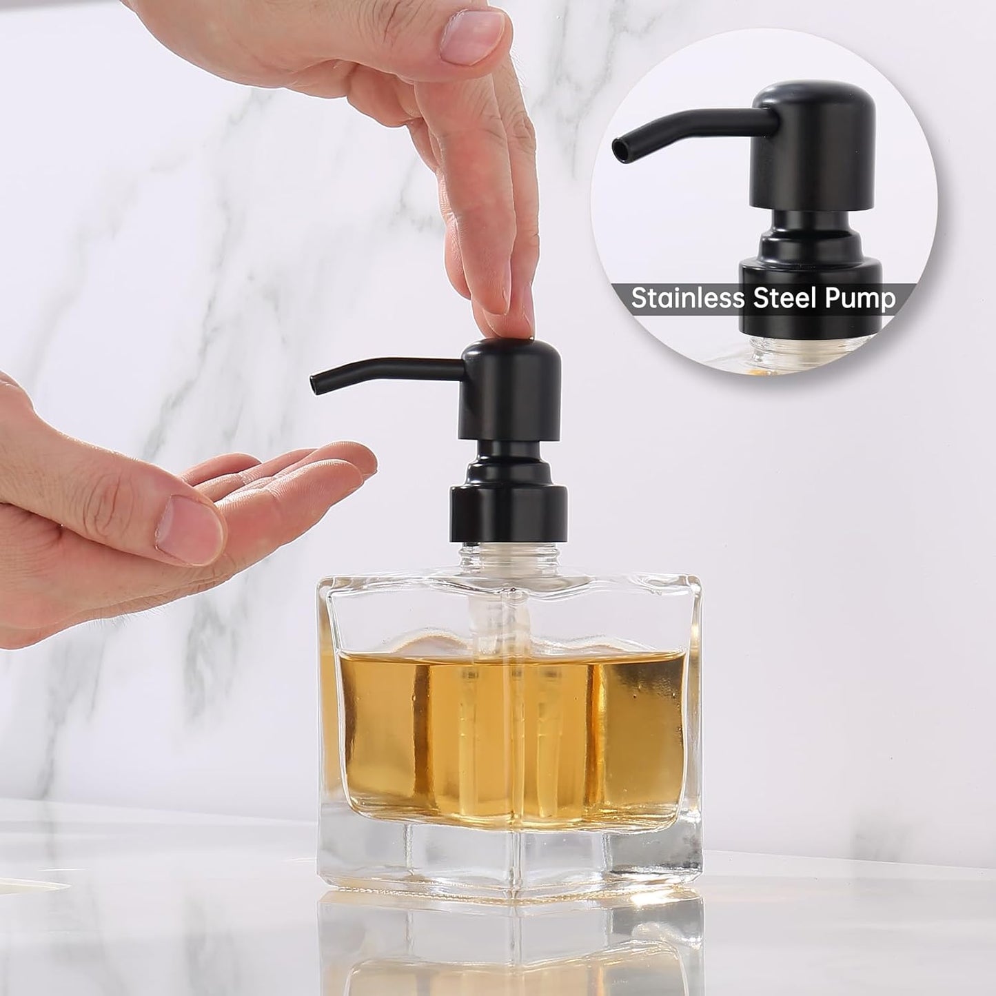 Square Bathroom Soap Dispenser Black, 8.4 oz Glass Bottles with Stainless Steel Pump Cube Liquid Hand Soap Dispenser Kitchen