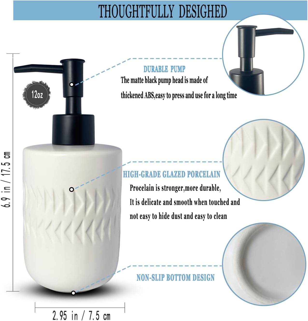 White Soap Dispenser with Matte Black Pump for Bathroom,Cylindrical Lotion Dispenser,12oz Ceramic Relief Hand Dish Soap Dispenser,Refillable Liquid Dispenser for Kitchen (Relief White)