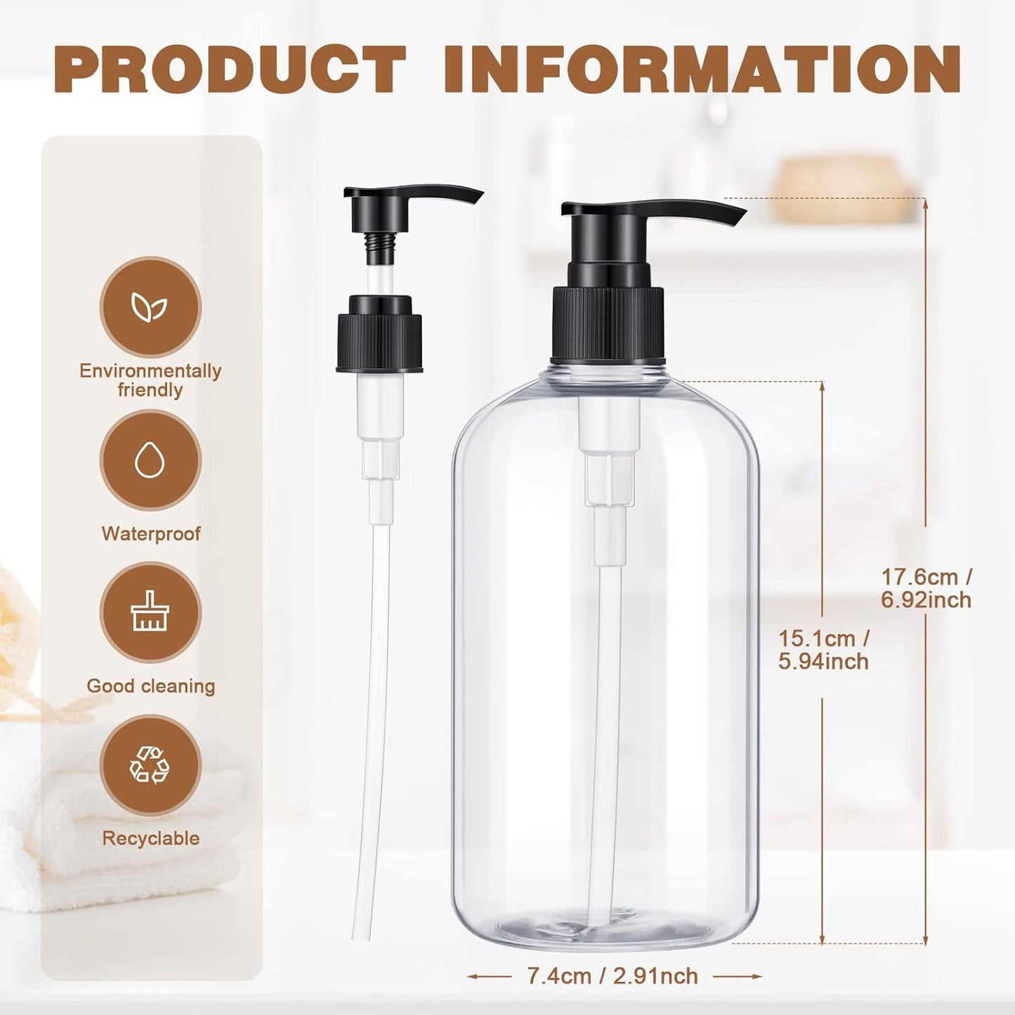 8 Pcs Plastic Pump Bottles Empty Lotion Bottle with Pump Refillable Dish Soap Dispenser Portable Hand Soap Dispenser Shampoo Lotion Container for Oil Liquid Soap(Clear,16 oz)