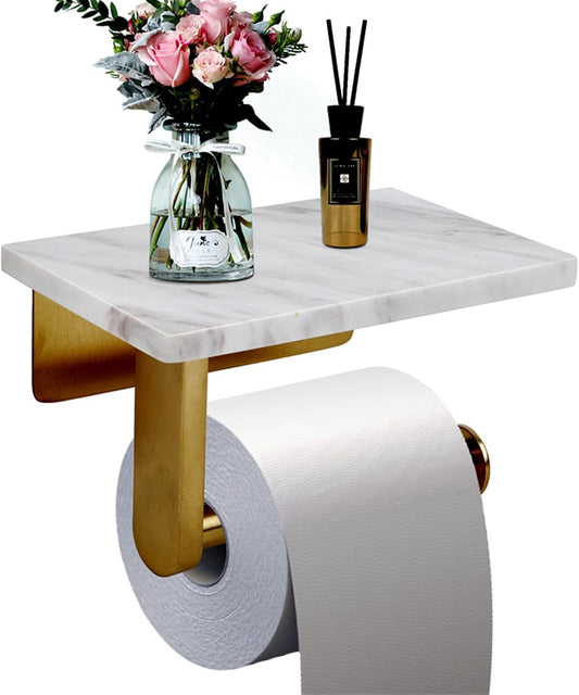 Toilet Paper Holder with Natural Marble Shelf for Bathroom Washroom,Wall Mounted Tissue Holder Suitable for Mega Roll (Brushed Gold, Small 6.7 * 4.3 in)