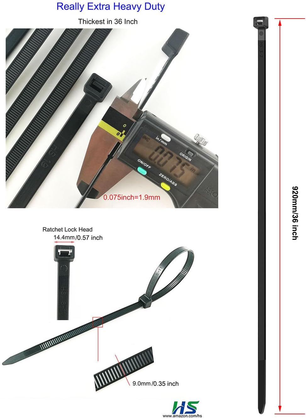 Case of 24 Packs,50/Pack,HS Extra Long Heavy Duty Zip Tie Straps Thick 0.35 Inch Plastic Duct Zip Ties Heavy Duty 200 Pounds,Black Large Zip Ties 36 Inch for HVAC,Travel,Packaging,Vessel