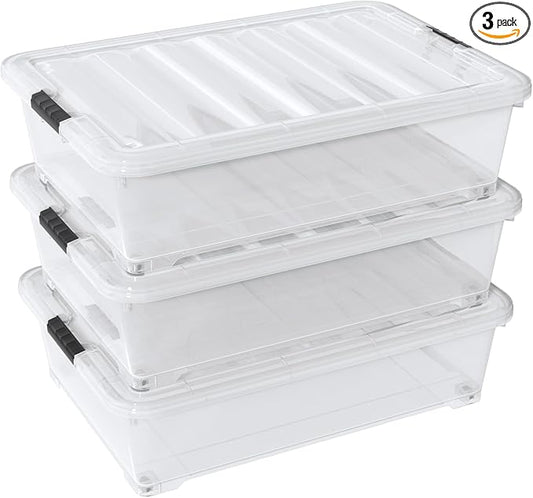 50 Quart Clear Latch Bin with Lid, Large Plastic Under Bed Storage Box, 3 Pack