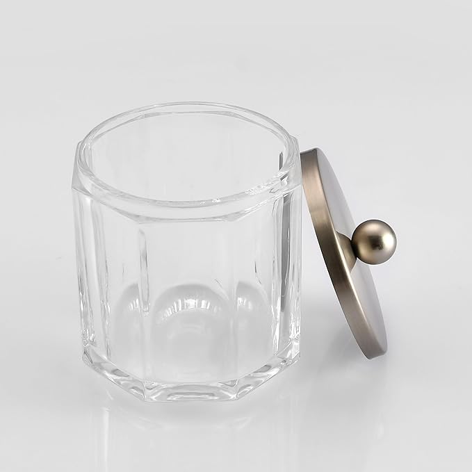 Clear Transparent Apothecary Octagional Shaped Glass Canister Jar With Satin Nickel Metal Lid Cover for Bathroom Organization, Cotton Balls, Q Tips, and Small Accessories, Bath Storage