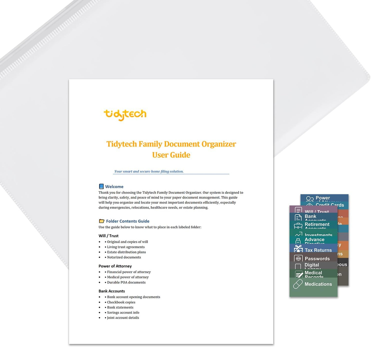 Family Document Organizer Guide with 20 Classification labels, 20 Essential File Categories for Estate Planning, Emergencies & Daily Organization English Instruction Manual with Icons