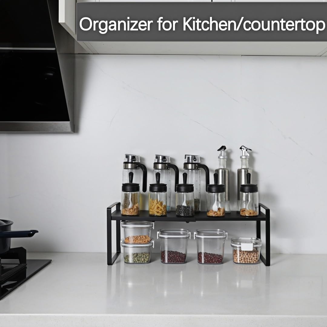 Expandable Cabinet Shelf Organizer Riser for Kitchen Pantry Cupboard Under Sink Countertop (black, 8.2’’D * 12.2-21.6’’W * 7.7’’H)