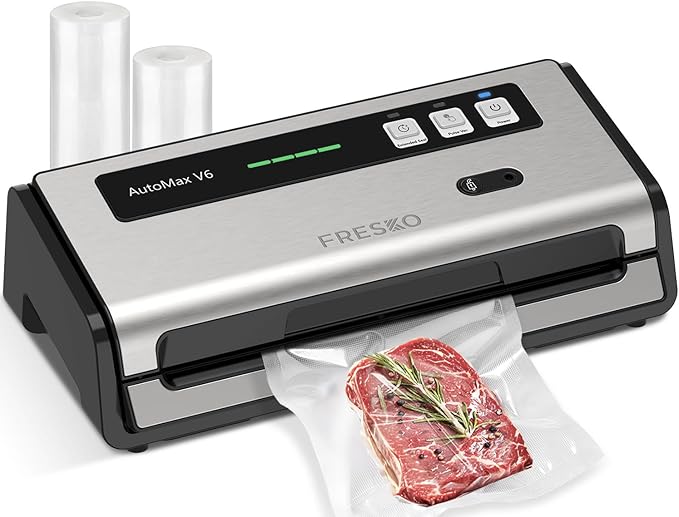 FRESKO Food Vacuum Sealer with Automatic Bag Detection, Double Heat Seal, Built-in Bag Roll Storage & Cutter, 2 Rolls Bags, Starter Kit