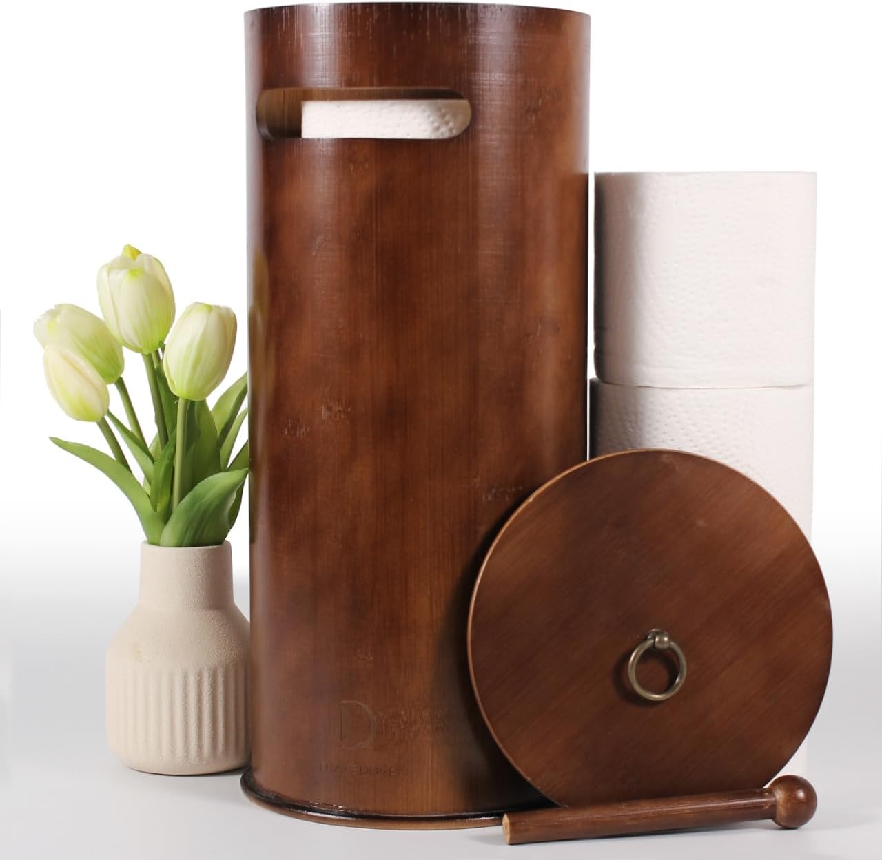 Toilet Paper Stand with 3-Roll Tissue Holder for Boho Bathroom, FreeStanding Bamboo Toilet Paper Holder,Wood Toilet Paper Storage with Lid.