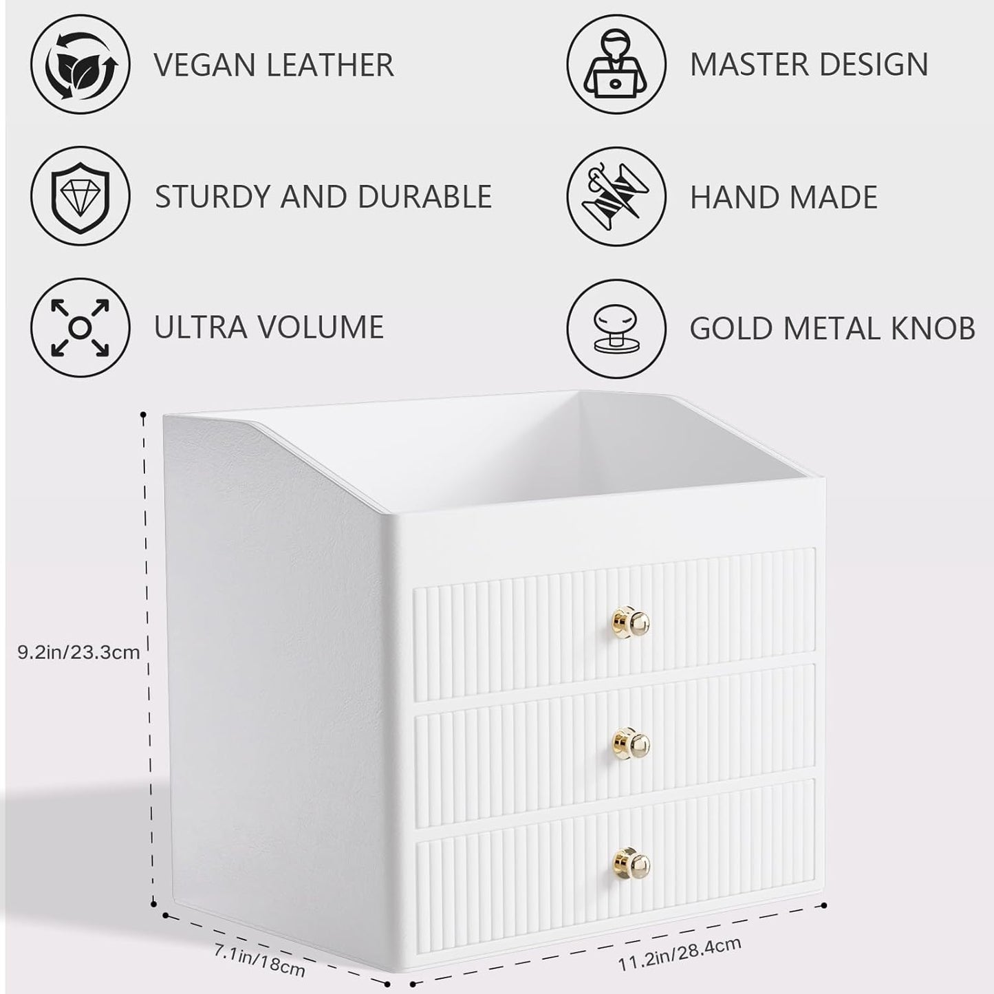 Office Accessories,Begie White Vegan Leather Office Supplies with 3 Drawers & Tray for Desk,Perfume Organizer with Gold-Tone Metal Accents Knob for End Tables,Bedside Table,Bedroom