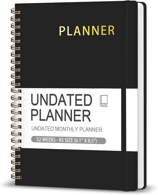 Undated Weekly Planner, Weekly To Do List Notebook with Goal, Organizer & Habit Tracker, A5 Daily Planner with Spiral Binding, Ideal for Office School Suppies - Black