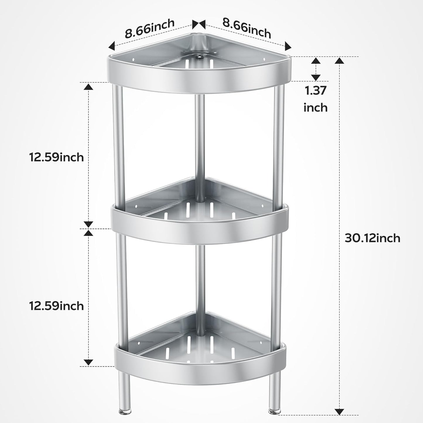 Nieifi Corner Shower Caddy Stand-3 Tier Rustproof Anodized Aluminum Standing Shower Organizer-Shower Caddy Corner-Dual Stability to Anti-Shaking-Height-Adjustable Legs for Uneven Surfaces-Silver