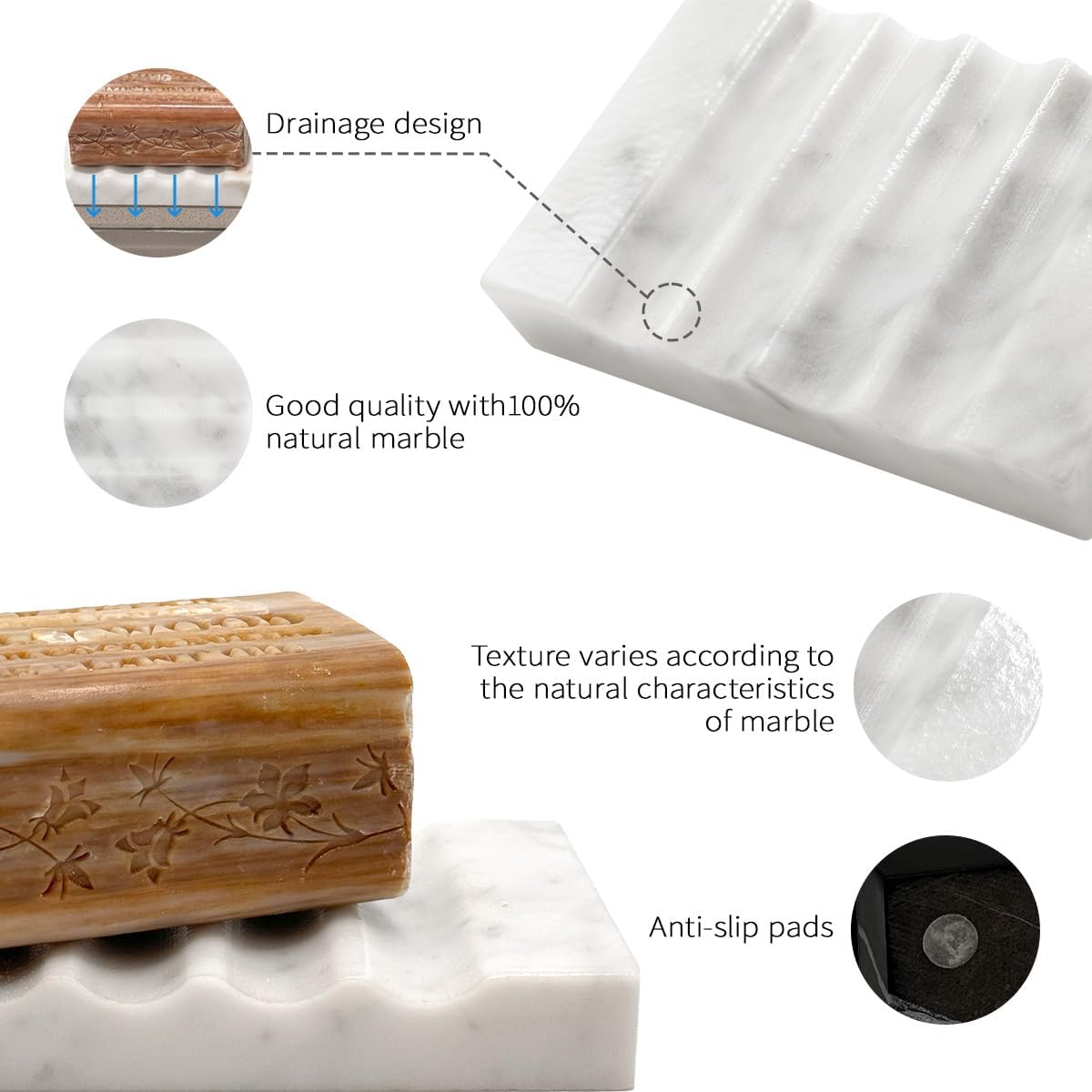 Real Marble Soap Dish for Shower Stone Tray Small Bar Soap Holder with Self Draining | Non-Slip, Luxury Bath Room Accessories (White)