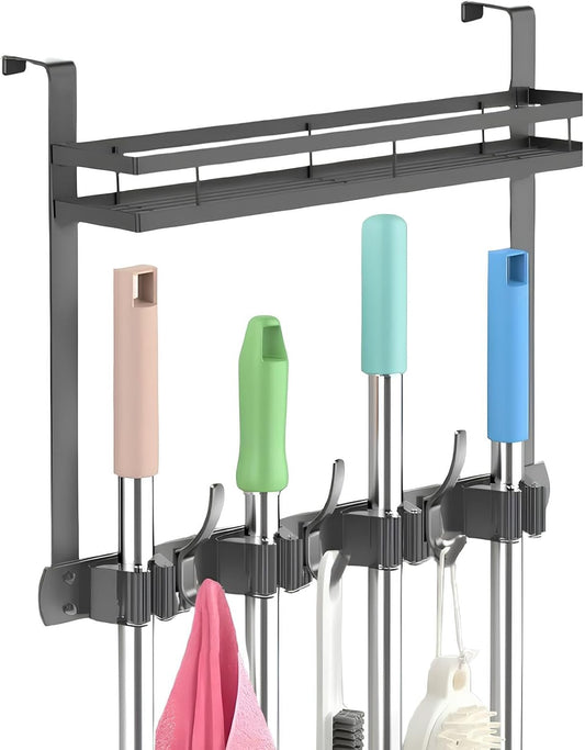 Broom Holder Over The Door Over Door Broom and Mop Rack Over The Door Hooks Organizer With4 Slots & 3 Hooks 1 Storage Basket For Laundry Room, Garage, Closet, Kitchen Decor (grey)