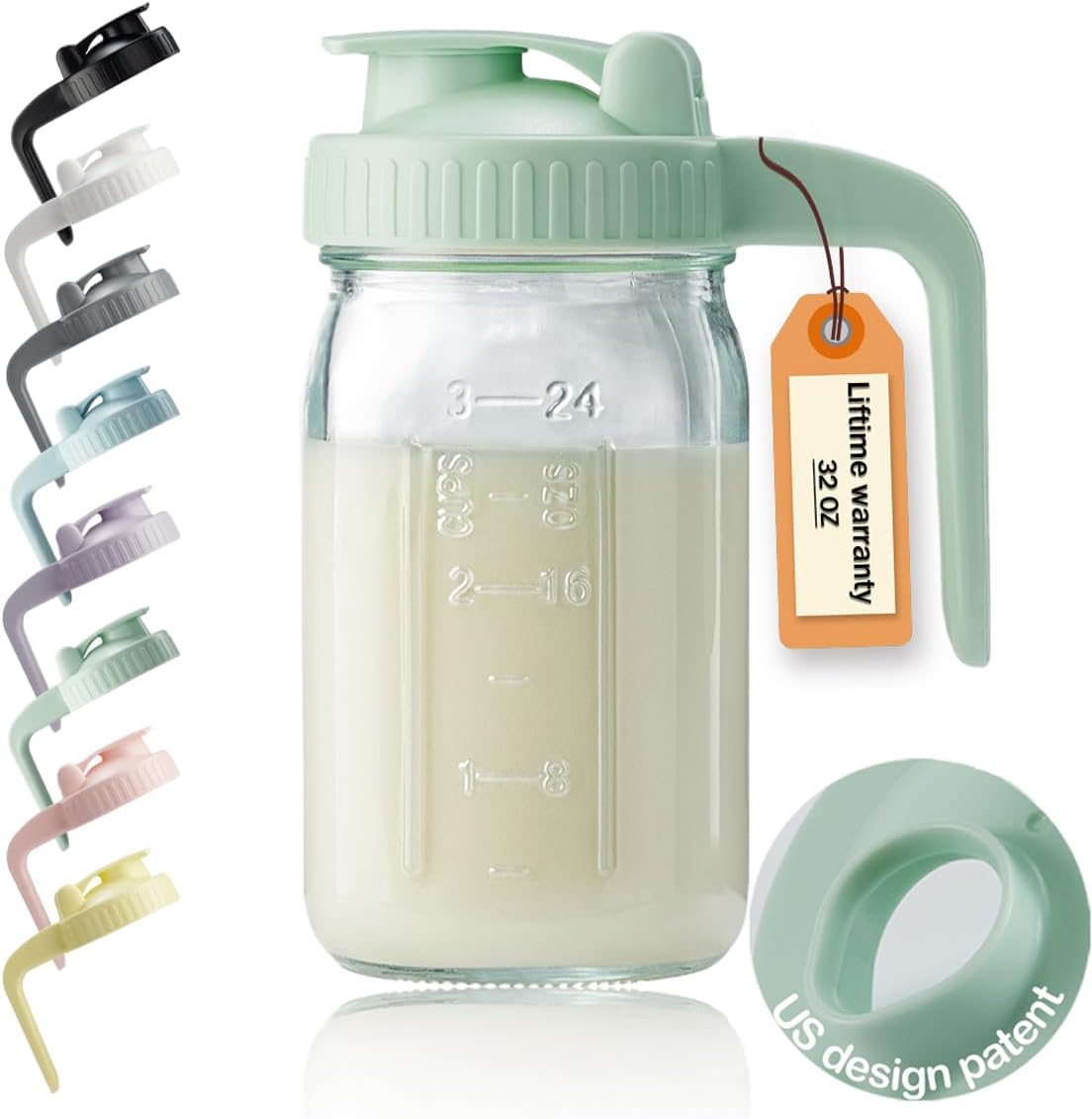 32oz Glass Pitcher with Lid & V-shaped Pour Spout - 1 Quart Breastmilk Pitcher Double Leak Proof, Creamer Container for Sun Tea, Juice, Cold Brew Coffee, Breastmilk Storage Container