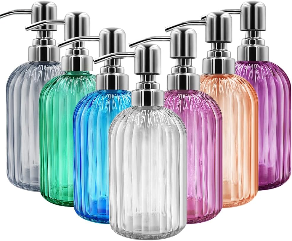 Soap Dispenser - 2 Pack 14 Oz Glass Soap Dispenser with Rust Proof Stainless Steel Pump, Refillable Liquid Bottle Dispenser, Premium Hand Jar Dispenser for Bathroom, Kitchen, Countertop (Purple)
