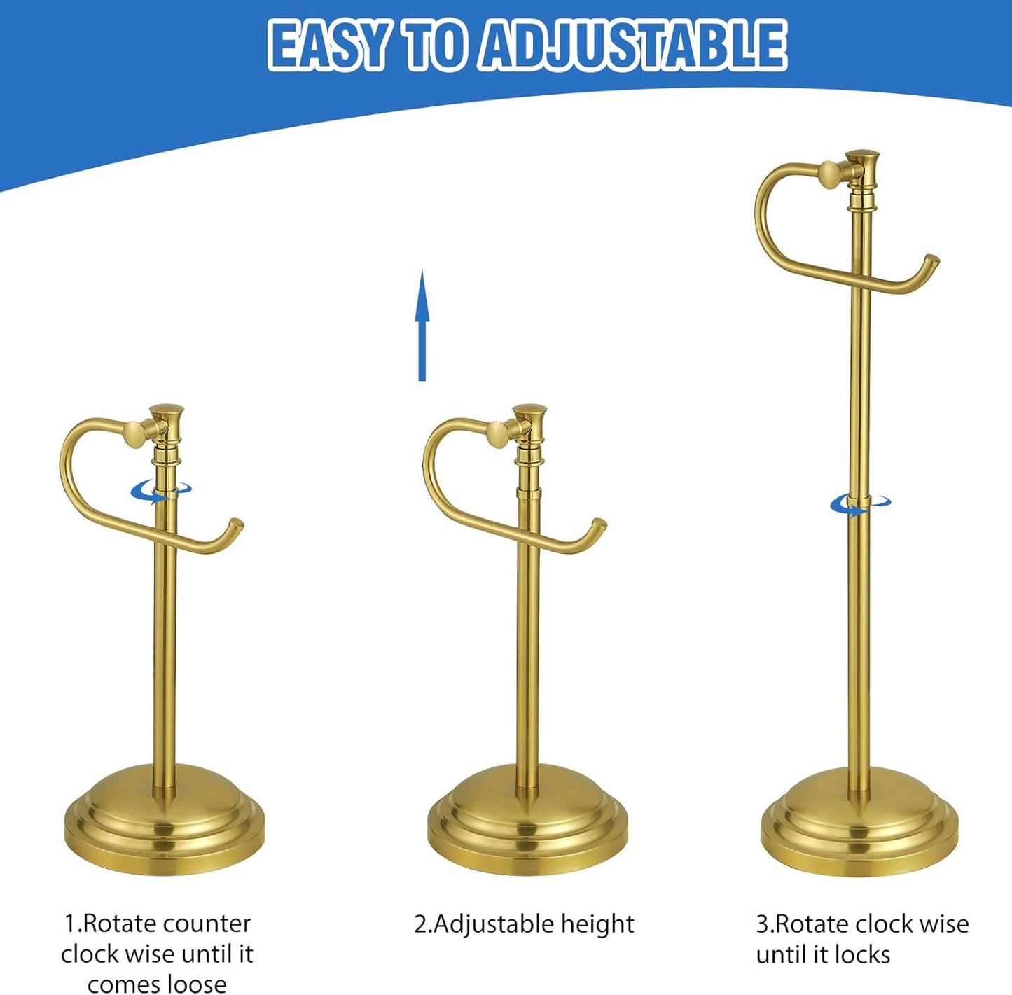 RUMOSE Toilet Paper Holder Stand for Floor, Brushed Gold Adjustable (12.4" to 22.8") Bathroom Toilet Tissue Holder, Free Standing Toilet Paper Roll Holder with Storage, Stainless Steel