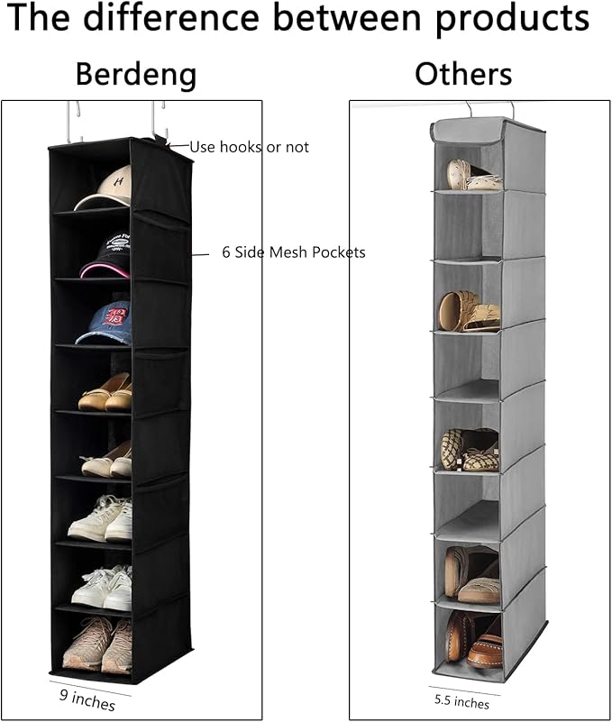 Hanging Shoe Organizer for Closet with Side Mesh Pockets，Hat Racks for Baseball Caps，Shoe and Hat Holder & Storage，8-Shelf，Black，2 Pack