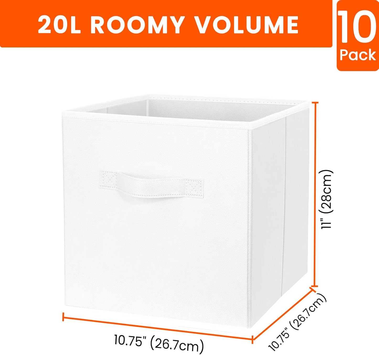 Criusia Storage Cubes, 11 Inch Cube Storage Bins for Shelves Closet Nursery Bedroom - 10 Pack Collapsible Baskets with Handles - Fabric Bins for Organizing Clothes Blanket Toys (White)