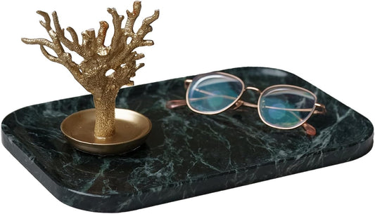 Natural Green Marble Tray 11.8"x7.8"x0.6" | Bathroom Vanity Organizer & Kitchen Countertop Decor | Waterproof Stone Tray for Jewelry, Perfume, Cosmetics Storage (Dark Green)