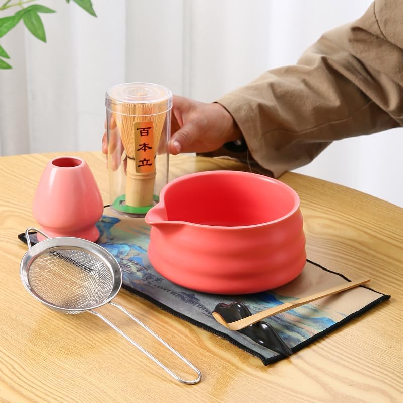 7pcs Complete Matcha Tea Set, Japanese Ceremonial Matcha with Whisk, Holder, Ceramic Bowl, Sifter, Scoop,red