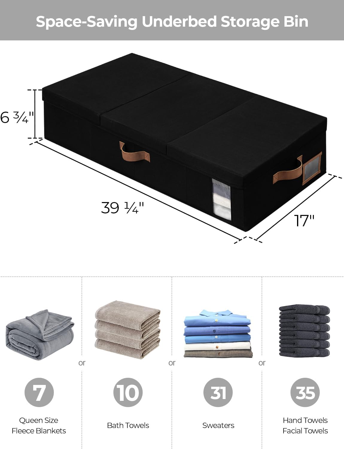 StorageWorks Under Bed Storage with Lid, Underbed Storage Containers with Handles, Underbed Organizer for Bedroom, Foldable Clothing Storage Bins, Box for Blankets, Jumbo, Black, 2-Pack