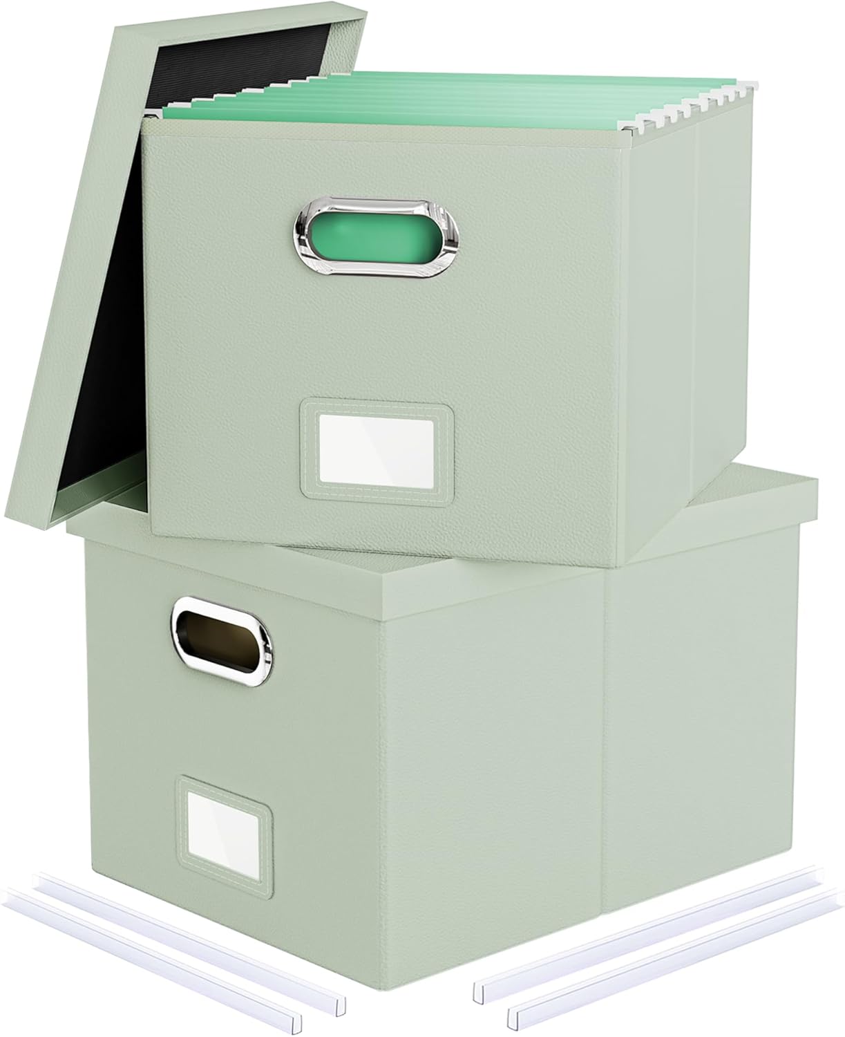 2 Pack File Storage Organizer Box,Filing Box,Portable File Box with Lid,Fit for Letter/Legal File Folder Storage, Grey-green(Leather)-Box only