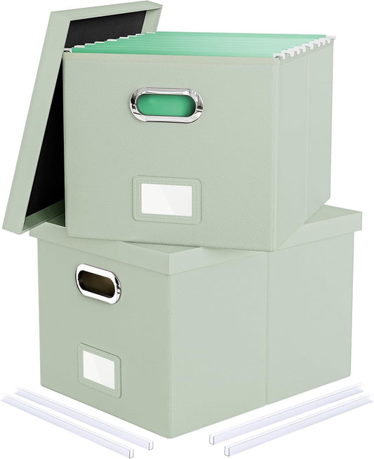 2 Pack File Storage Organizer Box,Filing Box,Portable File Box with Lid,Fit for Letter/Legal File Folder Storage, Grey-green(Leather)-Box only