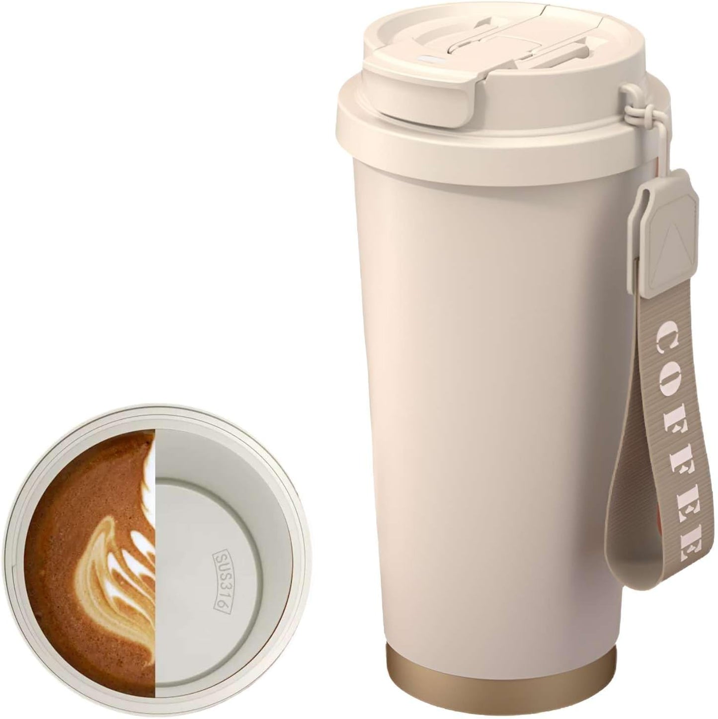 18 oz Insulated Coffee Mug with Straw and Lid, Durable Stainless Steel Coffee Cups with Strap, Reusable Iced&Hot Coffee Tumbler,Portable Coffee Travel Mug for Car, Camping-Creamy White