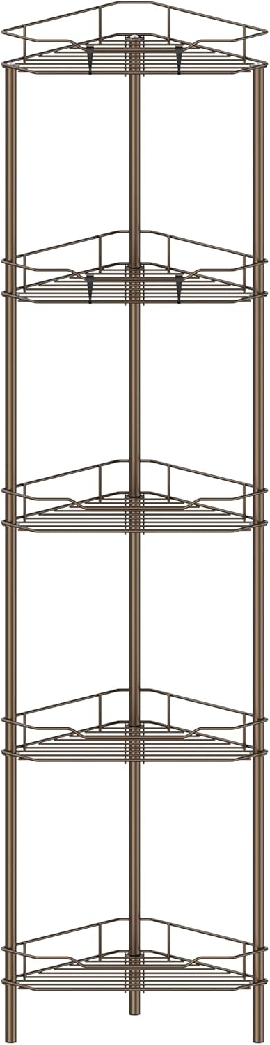 5 Tier Floor Standing Corner Shower Caddy Organizer Shelf with Hooks, Bathroom Shelves Stand Rack, Bronze