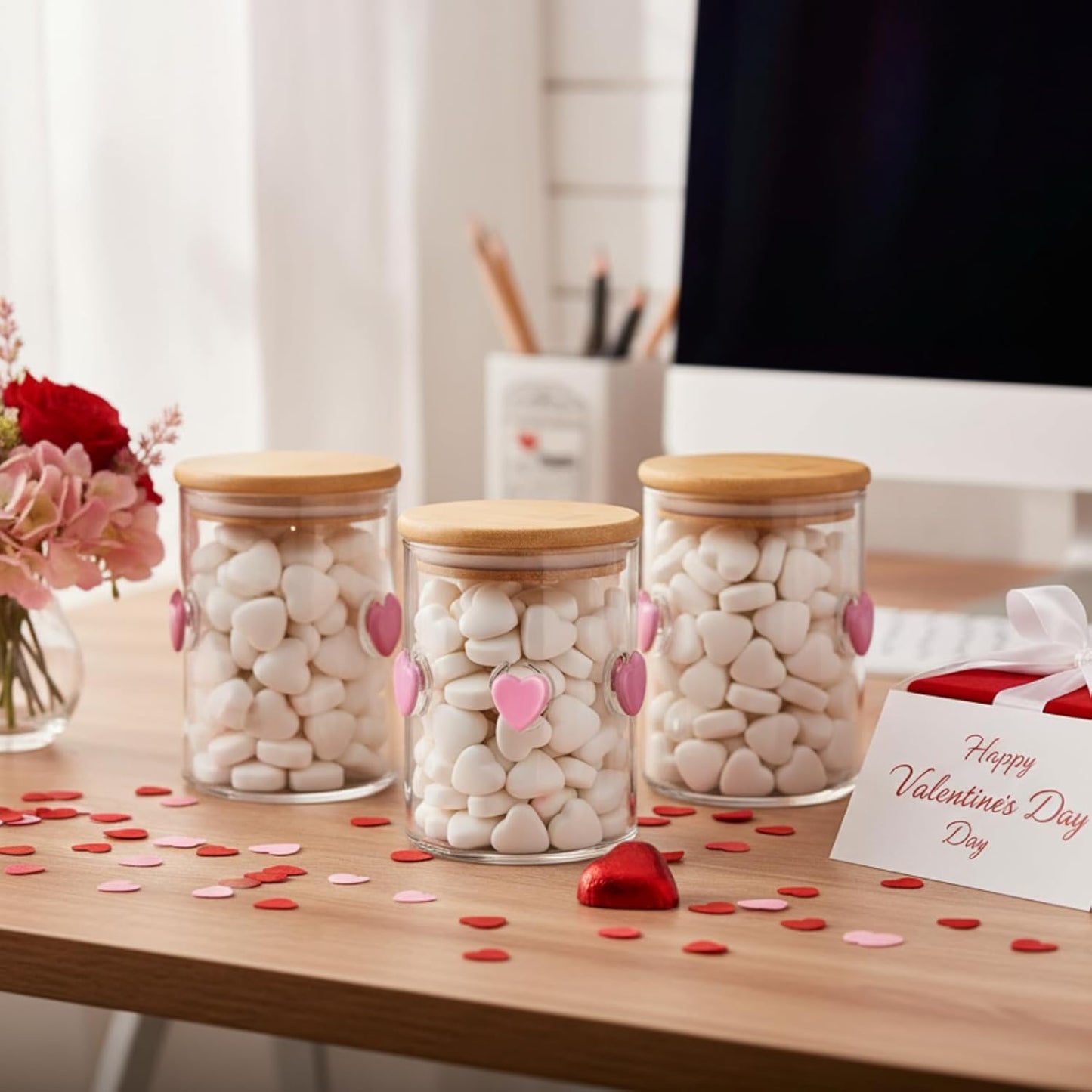 3 Pcs Valentine's Day Icon Glass Storage Jars with Airtight Bamboo Lid Pink Heart Icon Valentine's Day Glass Jars Canister Sets for Home Kitchen Countertop Decoration