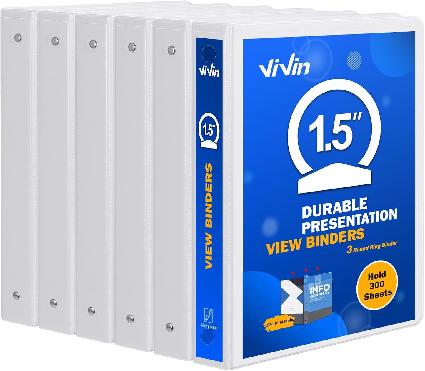 3 Ring Binder 1-1/2 Inch, ViVin Sturdy 1.5"-Round Ring Binder with 2 Interior Pockets, Clear View Cover, PVC-Free, Fits 300 Sheets of 8.5'' x 11'' Paper, Office Home School (6 Pack, White)
