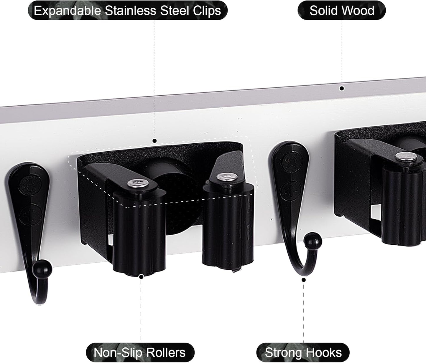 2 Pack Broom Holder Wall Mount With 5 Slots & 4 Hooks，Rustic Wood Broom & Mop Hanger，Wall Mounted Garden & Garage Tool Storage Organizer Rack for Closet Laundry Room or Kitchen Wall Decor White