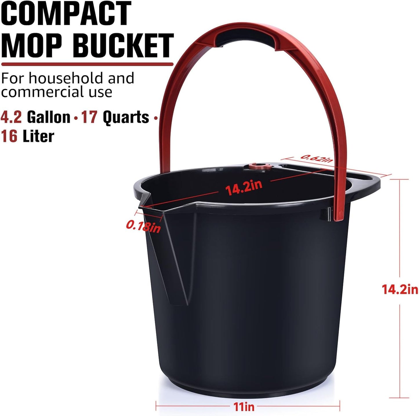 Matthew Cleaning 4.2 Gallon Mop Bucket, Heavy Duty Plastic Cleaning Bucket with Built-in Pour Spout, Mop Holder and Comfort Grip Handle, House and Commercial Cleaning Supplies, 2 Pack Black